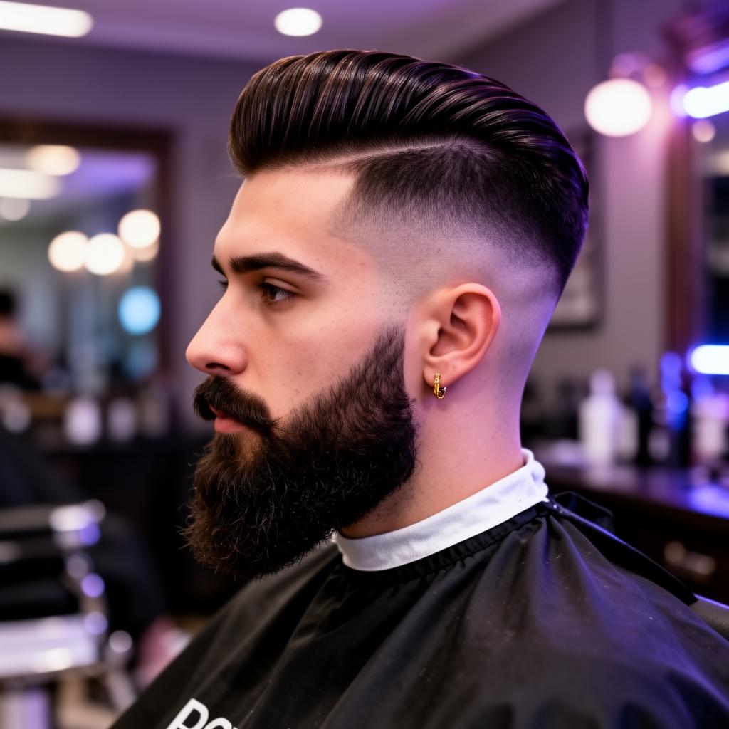 Stylish man with modern pompadour and beard at Stache Barbers